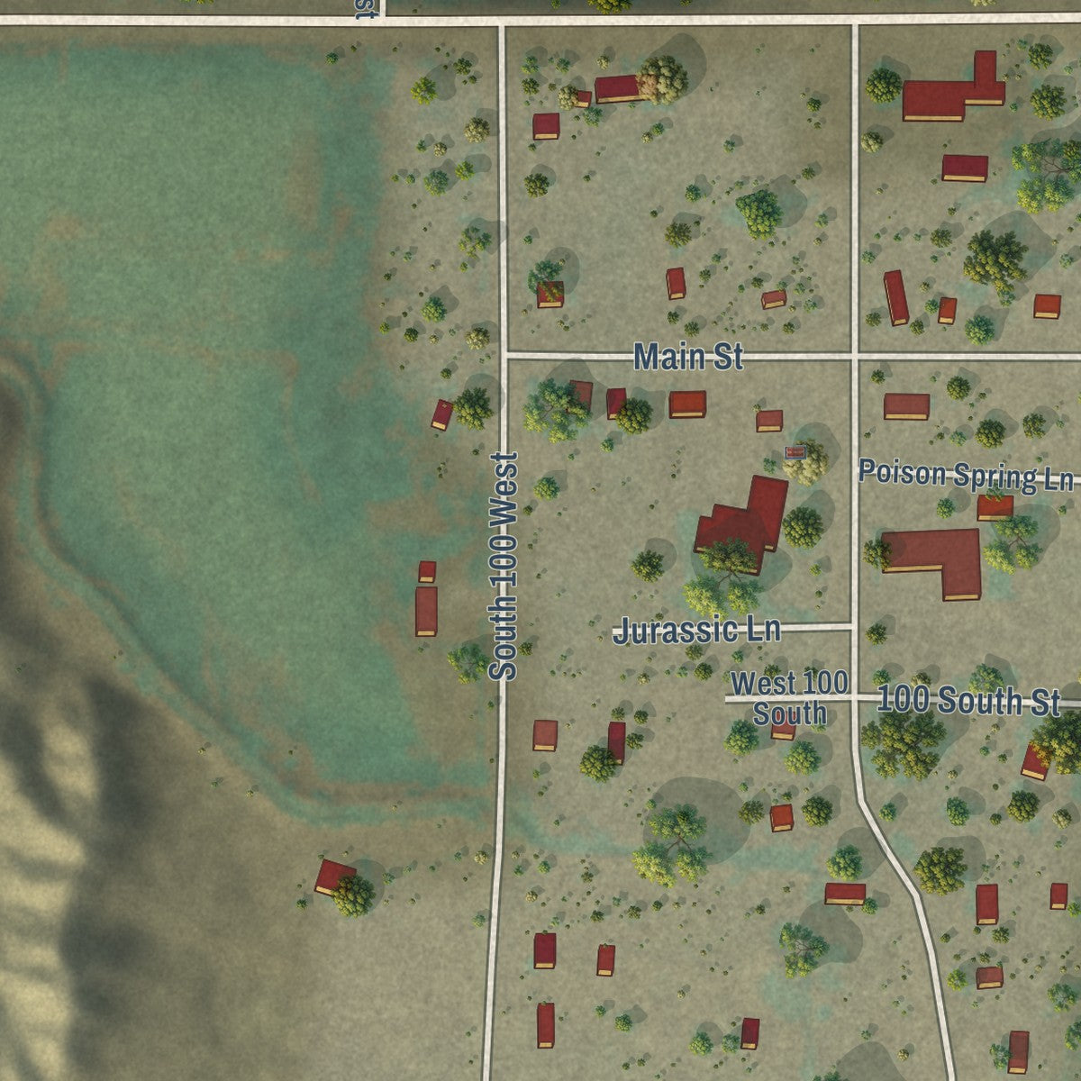 Close-up of the map of Hanksville, Utah print showing street and building detail