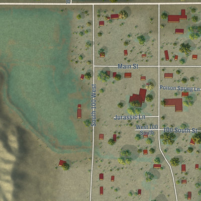 Close-up of the map of Hanksville, Utah print showing street and building detail