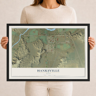 Map of Hanksville, Utah, 12 x 18 inch print in a black wood frame