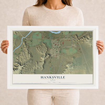 Map of Hanksville, Utah, 12 x 18 inch print in a white wood frame