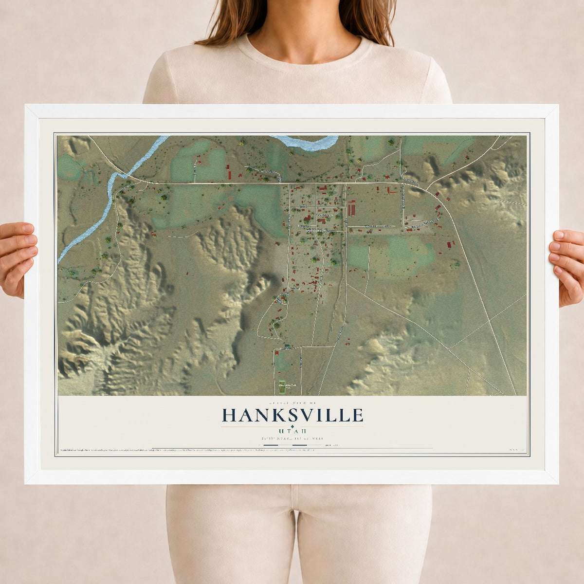 Map of Hanksville, Utah, 18 x 24 inch print in a white wood frame