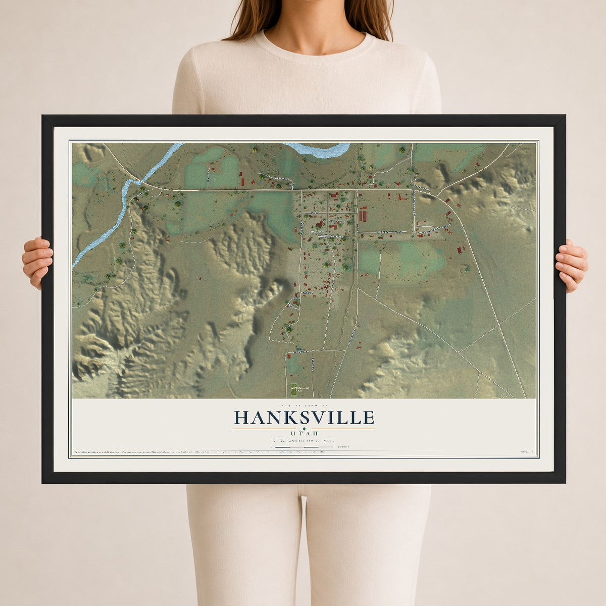 Map of Hanksville, Utah, 24 x 36 inch print in a black wood frame