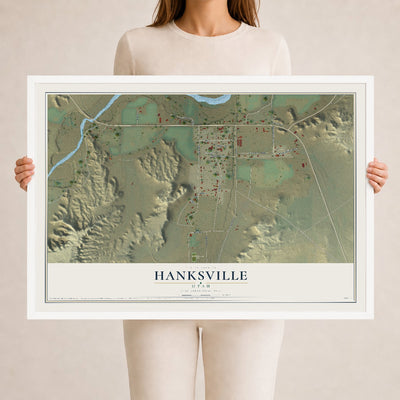 Map of Hanksville, Utah, 24 x 36 inch print in a white wood frame