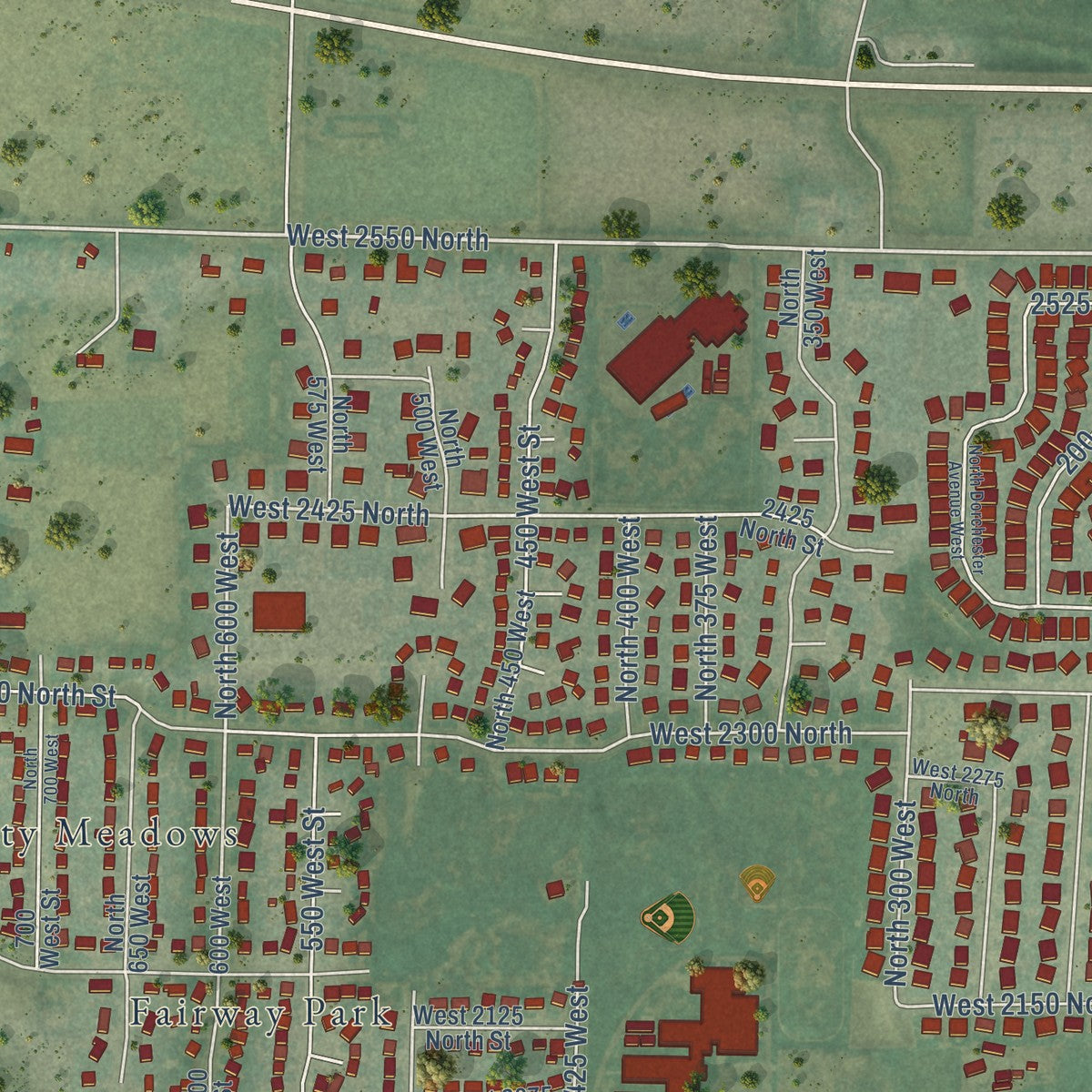 Close-up of the map of Harrisville, Utah print showing street and building detail