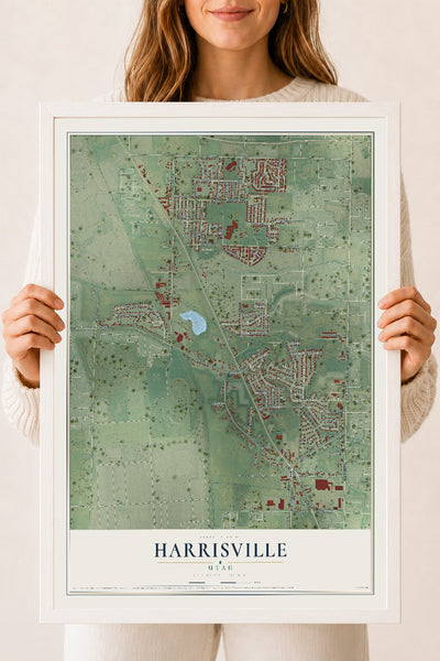 Map of Harrisville, Utah, 18 x 24 inch print in a white wood frame