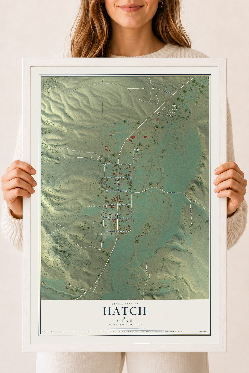 Map of Hatch, Utah, 18 x 24 inch print in a white wood frame
