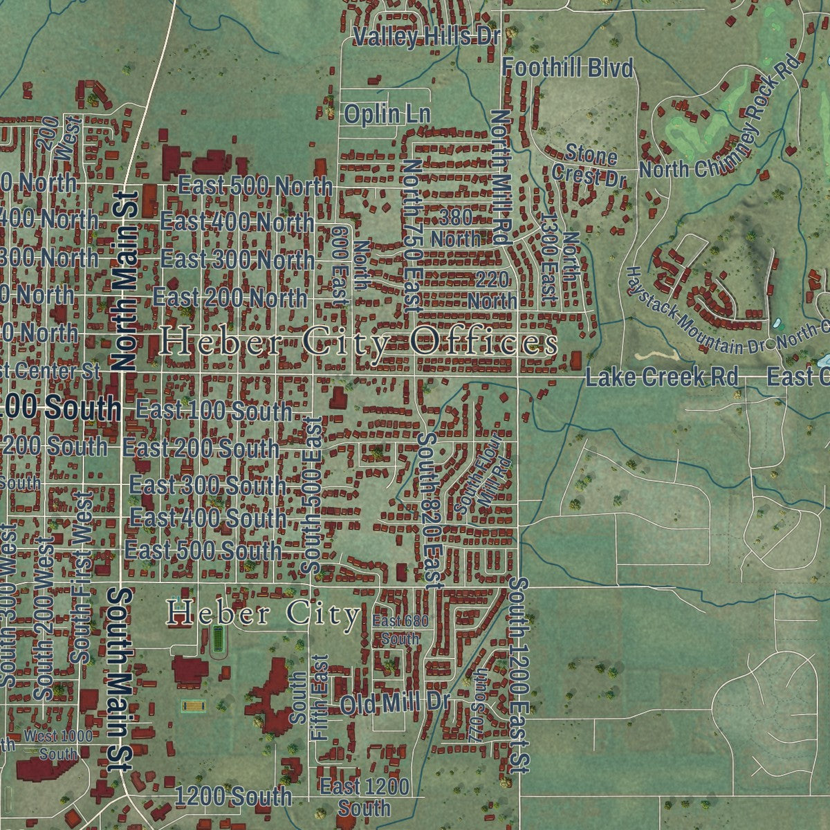 Close-up of the map of Heber, Utah print showing street and building detail
