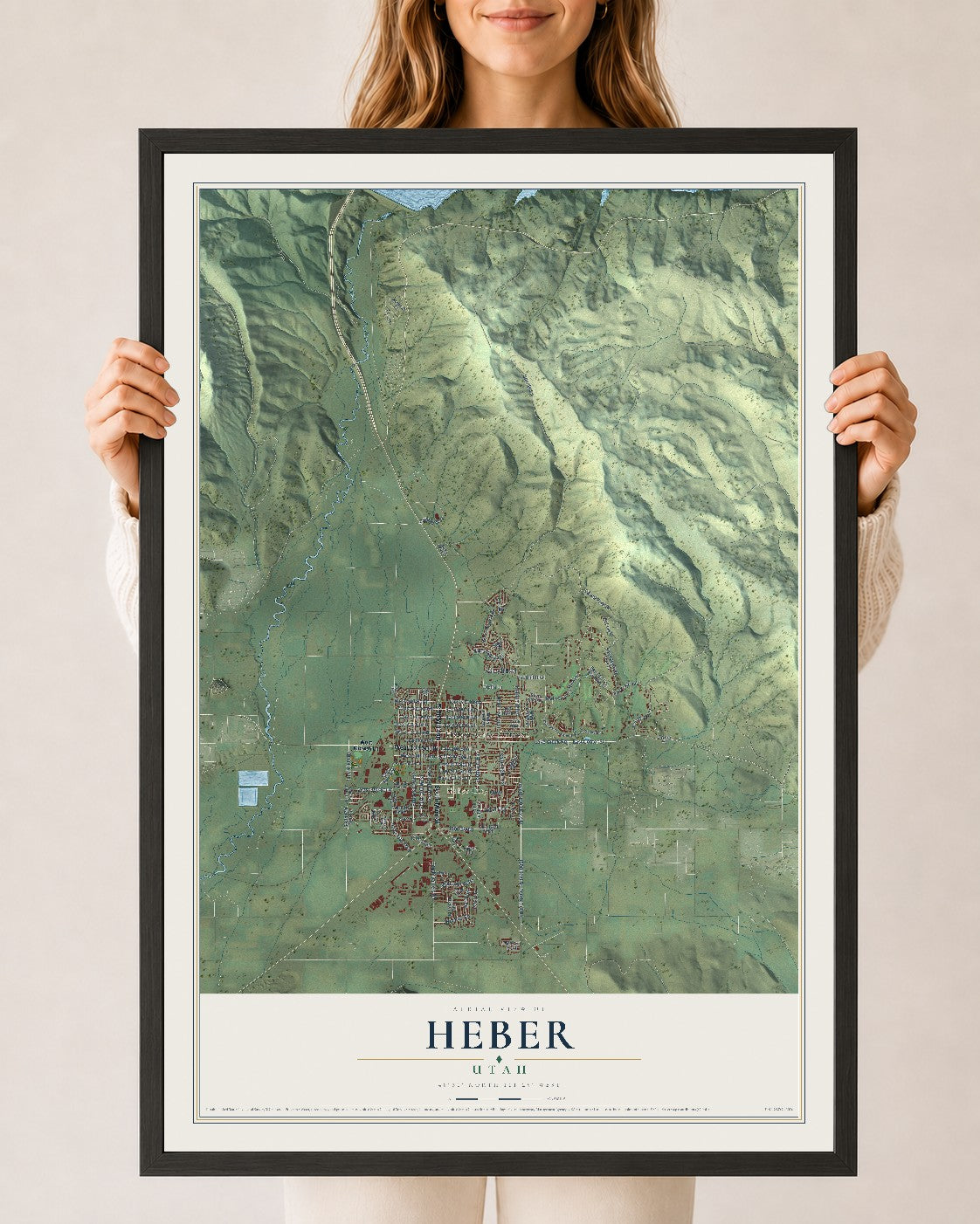 Map of Heber, Utah, 24 x 36 inch print in a black wood frame