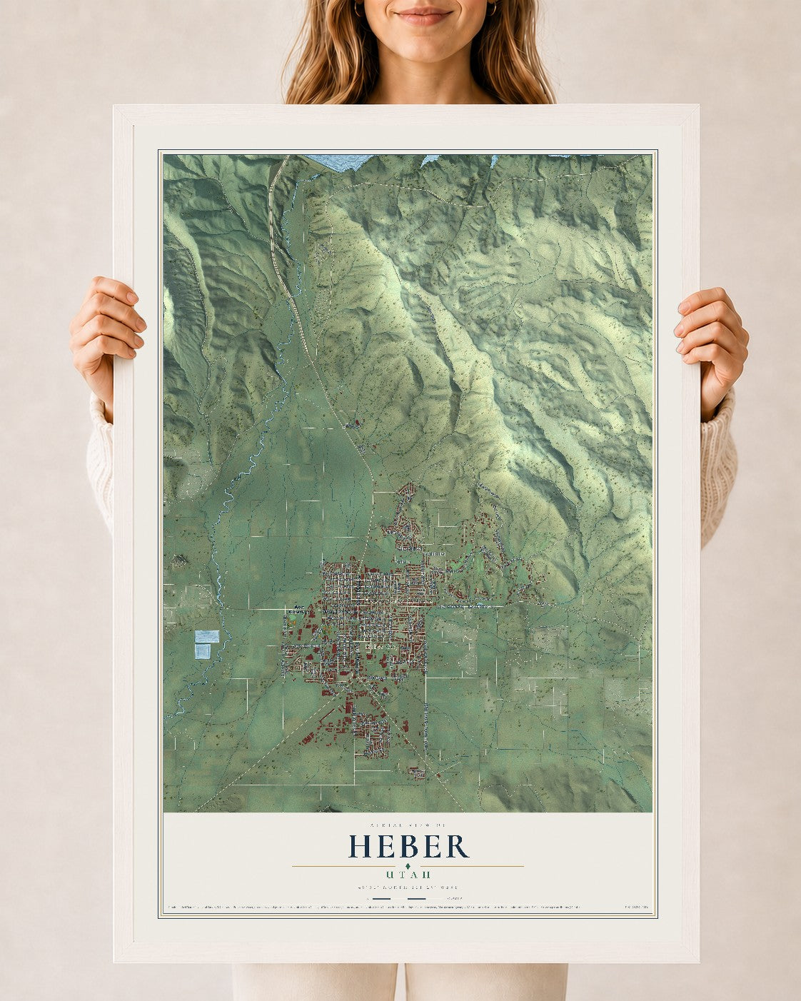 Map of Heber, Utah, 24 x 36 inch print in a white wood frame