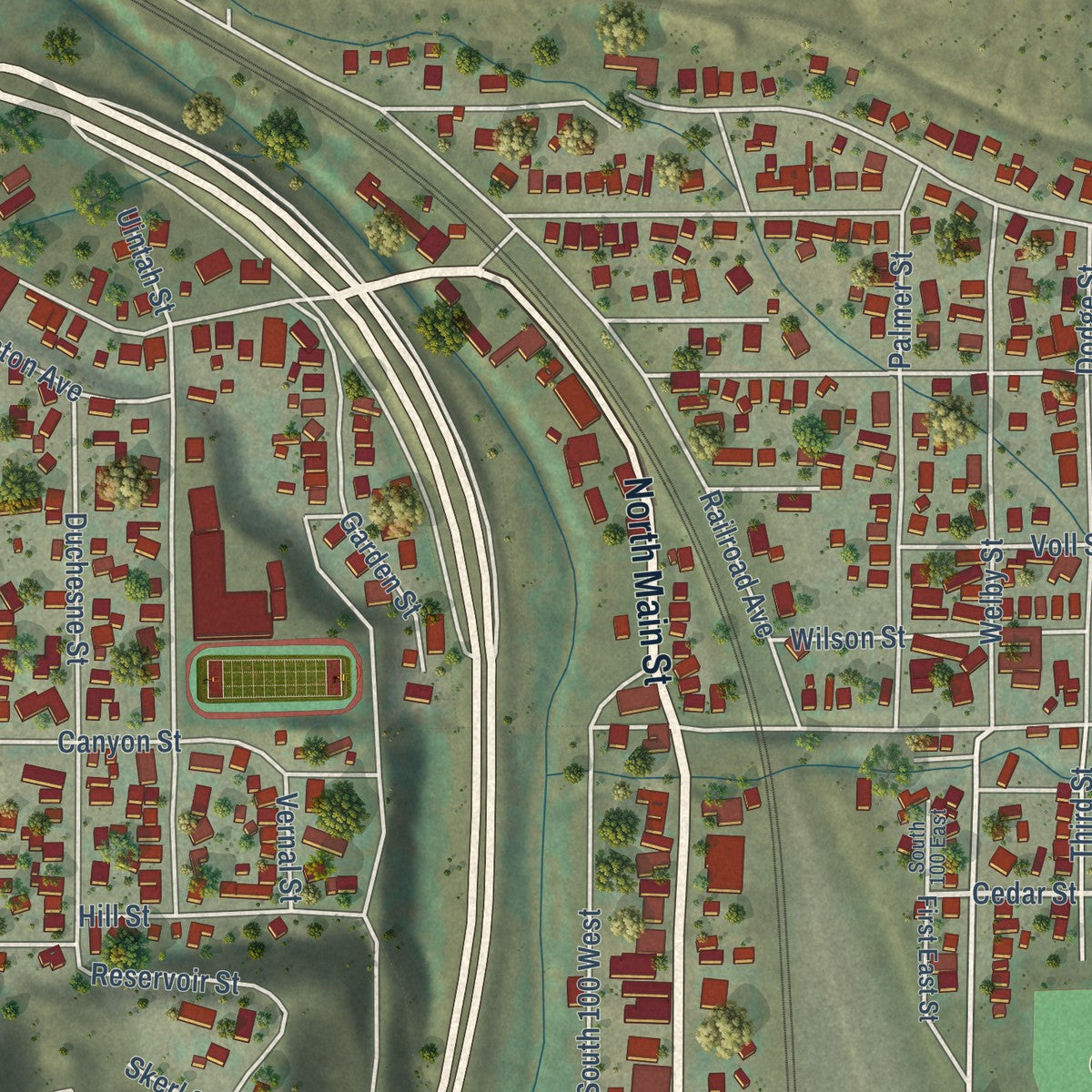 Close-up of the map of Helper, Utah print showing street and building detail