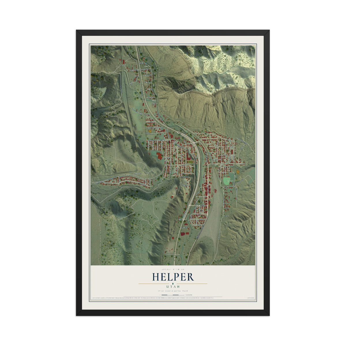 Map of Helper, Utah, 12 x 18 inch print in a black wood frame