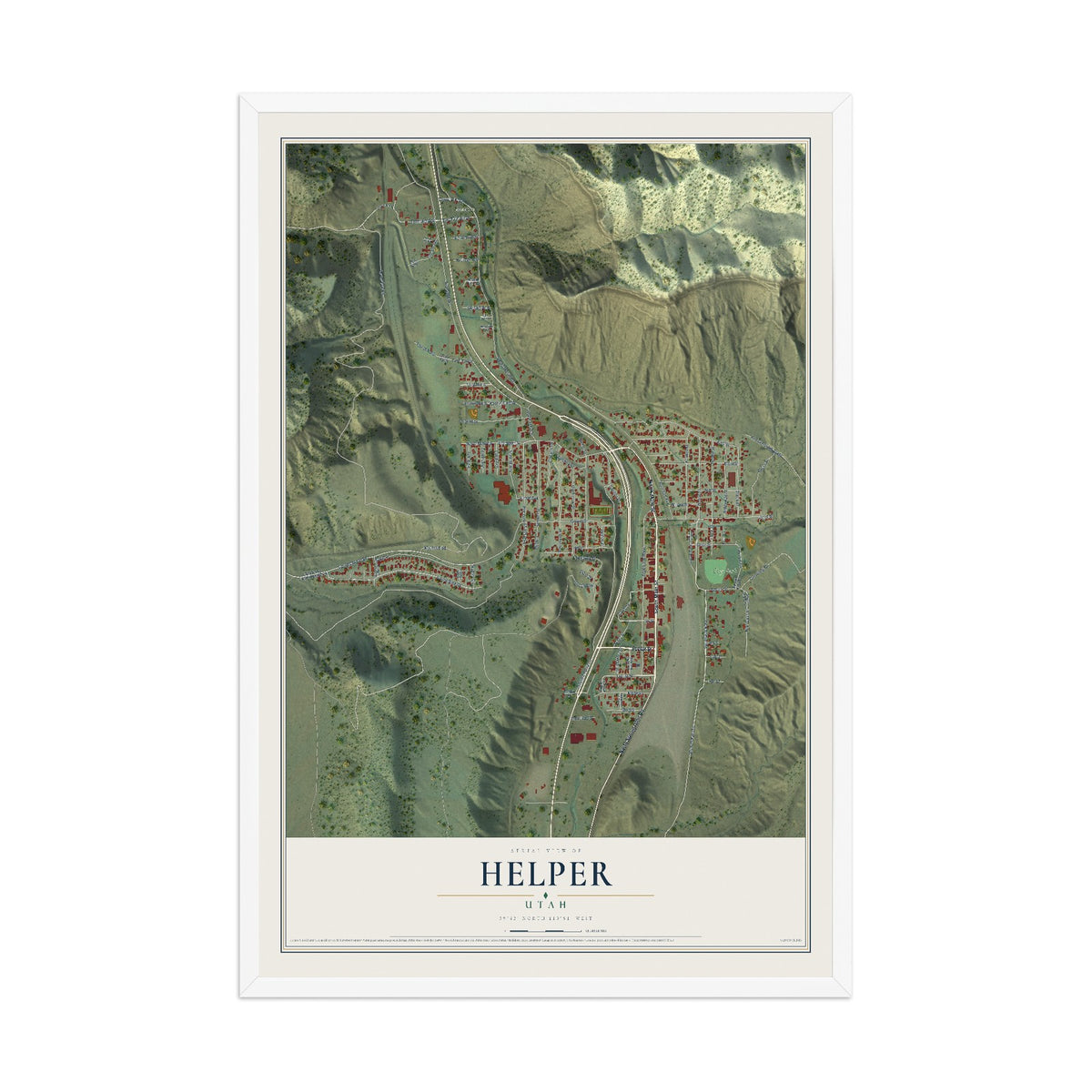 Map of Helper, Utah, 12 x 18 inch print in a white wood frame