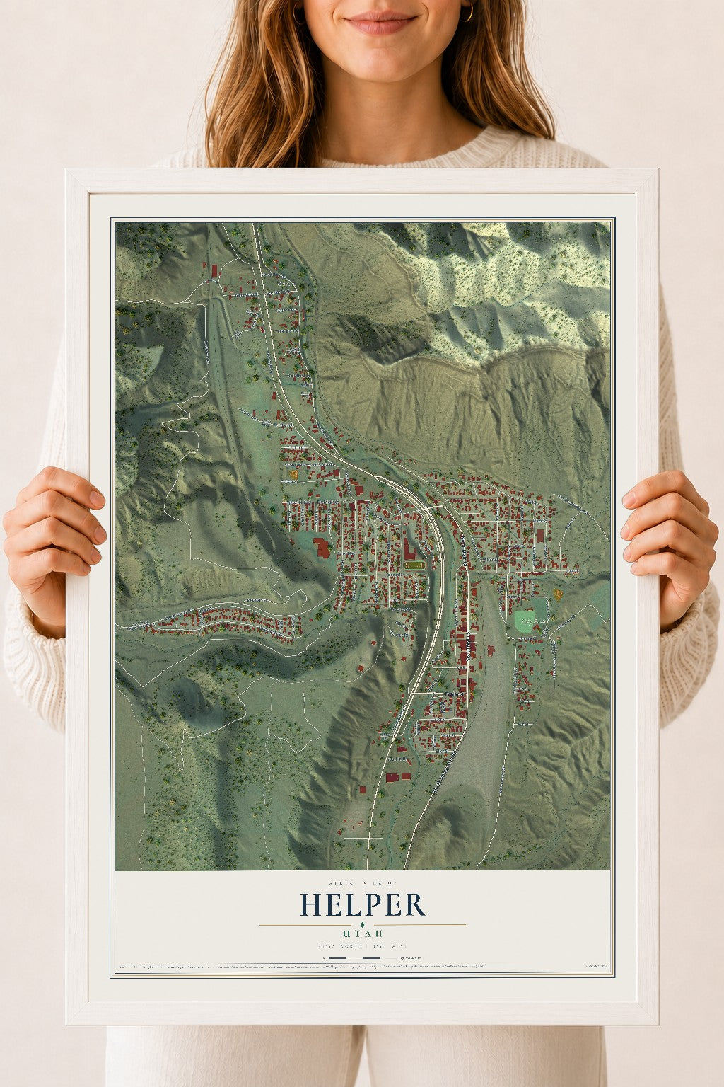 Map of Helper, Utah, 18 x 24 inch print in a white wood frame