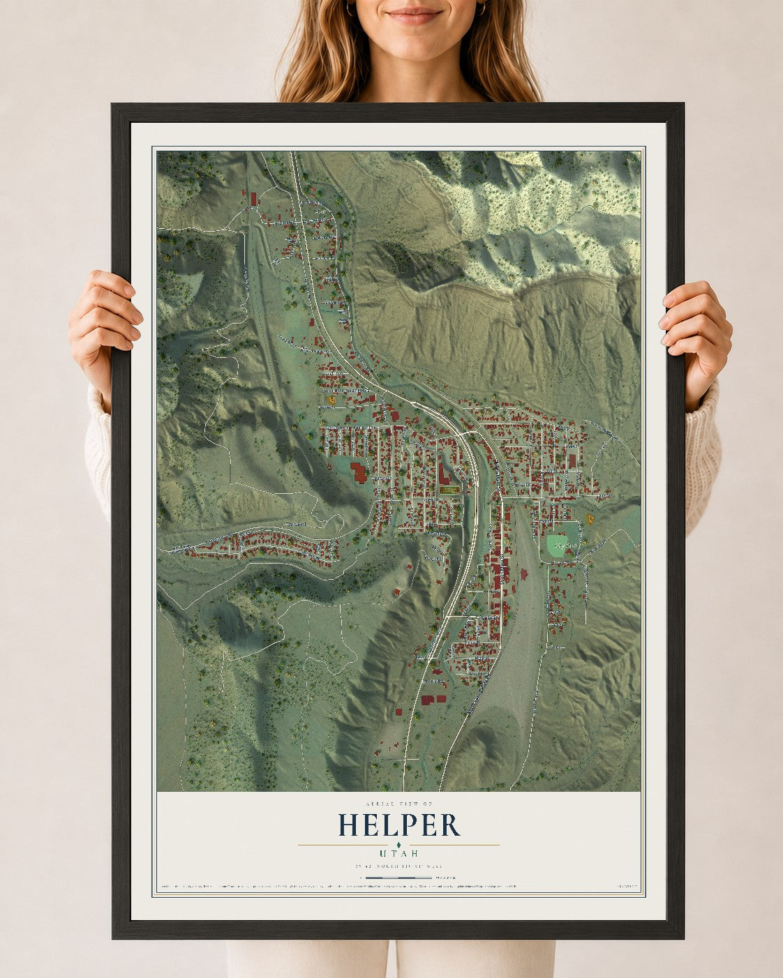 Map of Helper, Utah, 24 x 36 inch print in a black wood frame