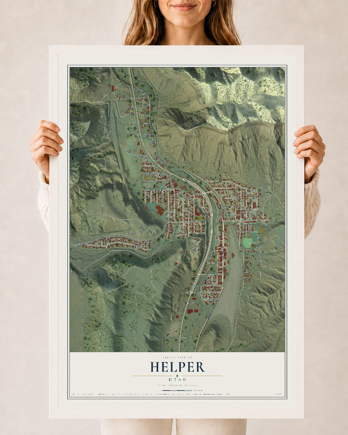 Map of Helper, Utah, 24 x 36 inch print in a white wood frame