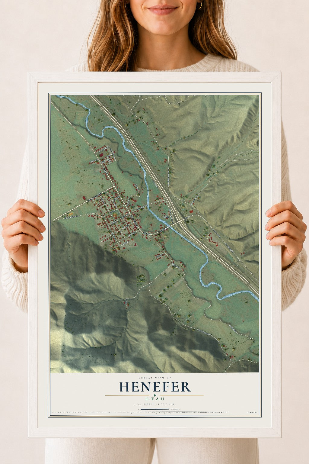 Map of Henefer, Utah, 18 x 24 inch print in a white wood frame