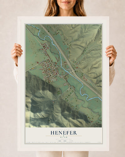 Map of Henefer, Utah, 24 x 36 inch print in a white wood frame