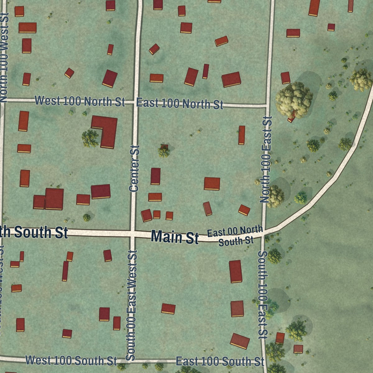 Close-up of the map of Henrieville, Utah print showing street and building detail