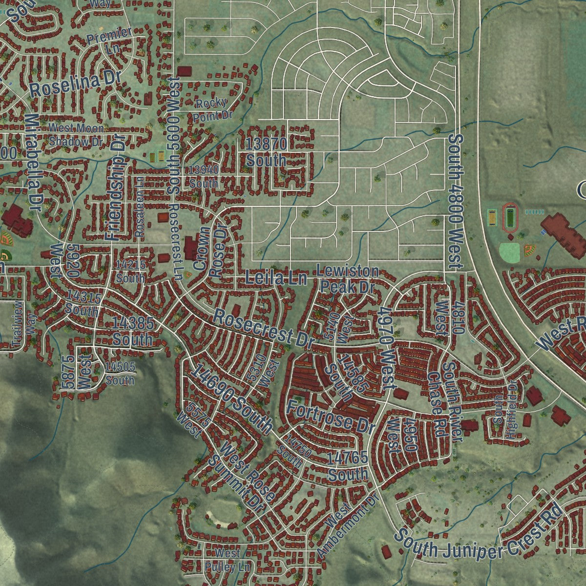 Close-up of the map of Herriman, Utah print showing street and building detail