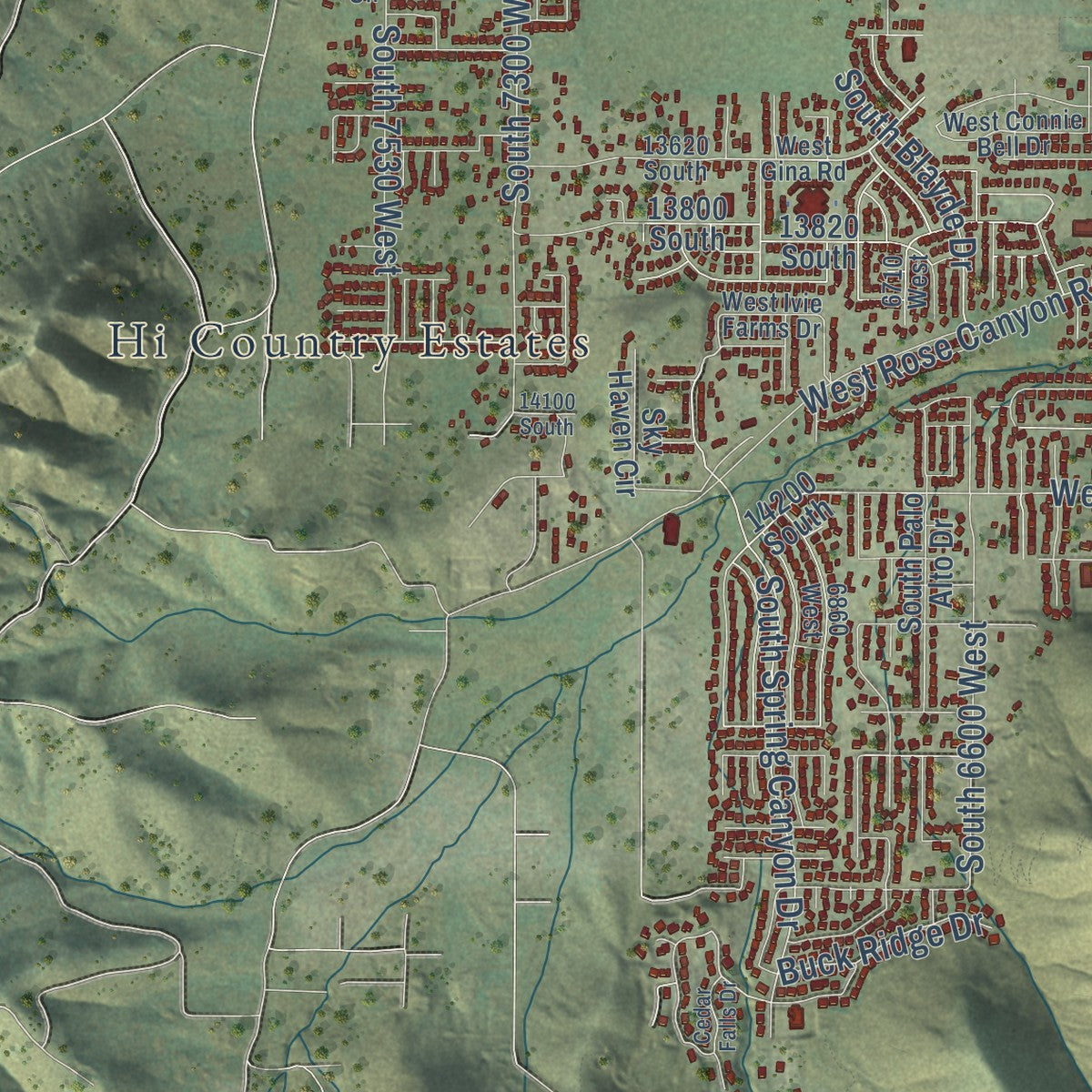 Second close-up of the map of Herriman, Utah print showing more streets and buildings