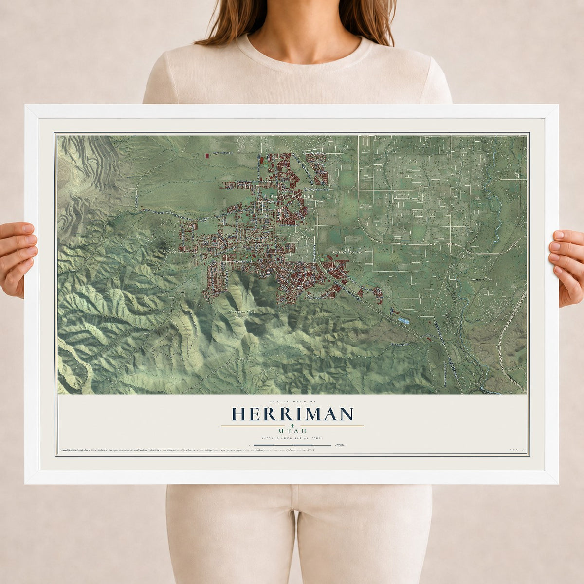 Map of Herriman, Utah, 18 x 24 inch print in a white wood frame