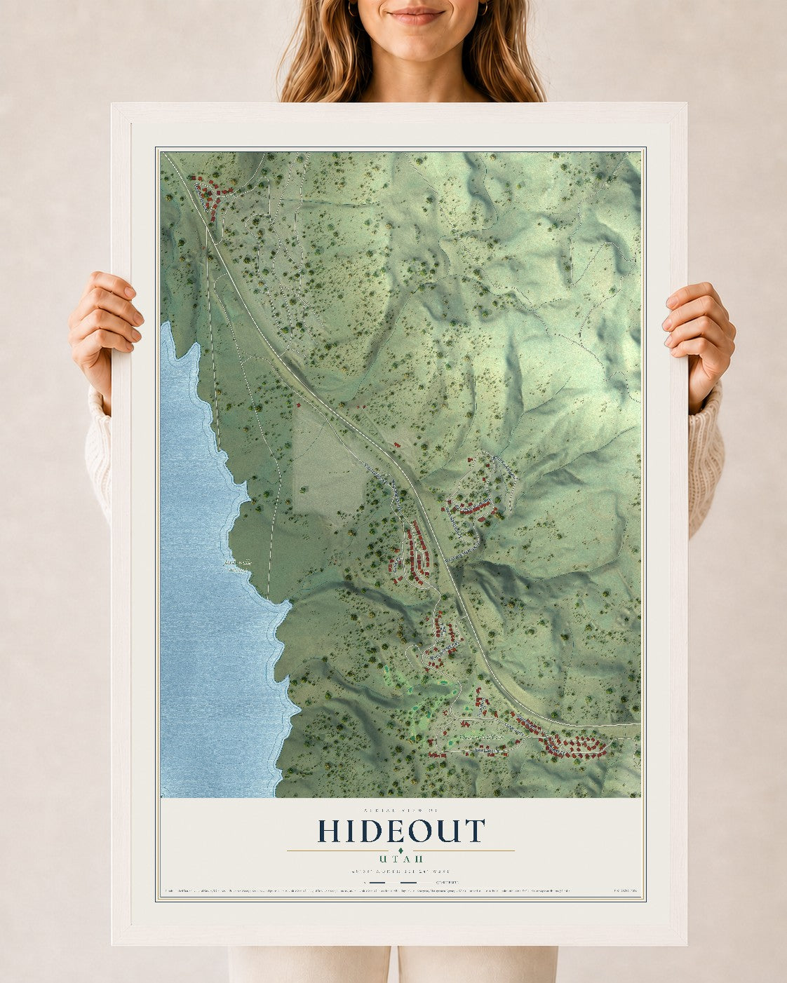 Map of Hideout, Utah, 24 x 36 inch print in a white wood frame