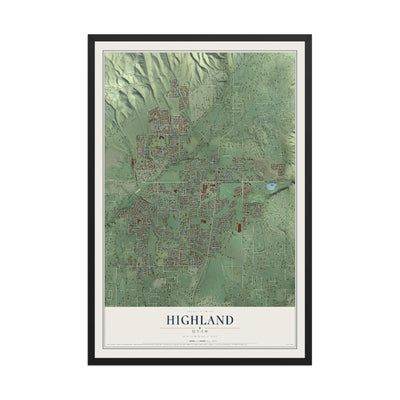Map of Highland, Utah, 12 x 18 inch print in a black wood frame