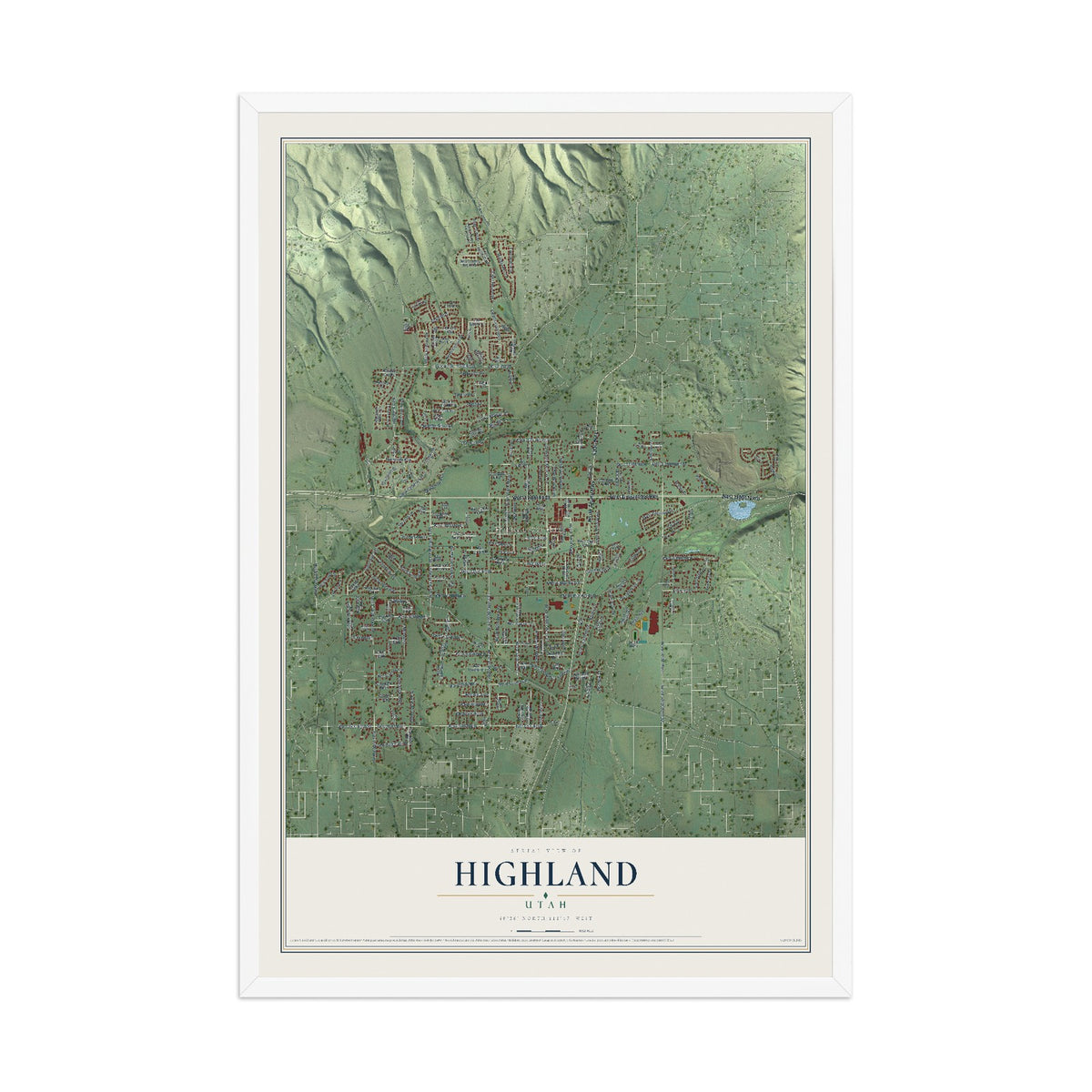 Map of Highland, Utah, 12 x 18 inch print in a white wood frame