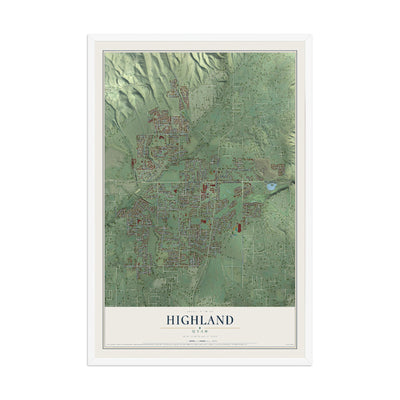 Map of Highland, Utah, 12 x 18 inch print in a white wood frame