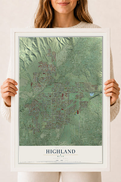 Map of Highland, Utah, 18 x 24 inch print in a white wood frame