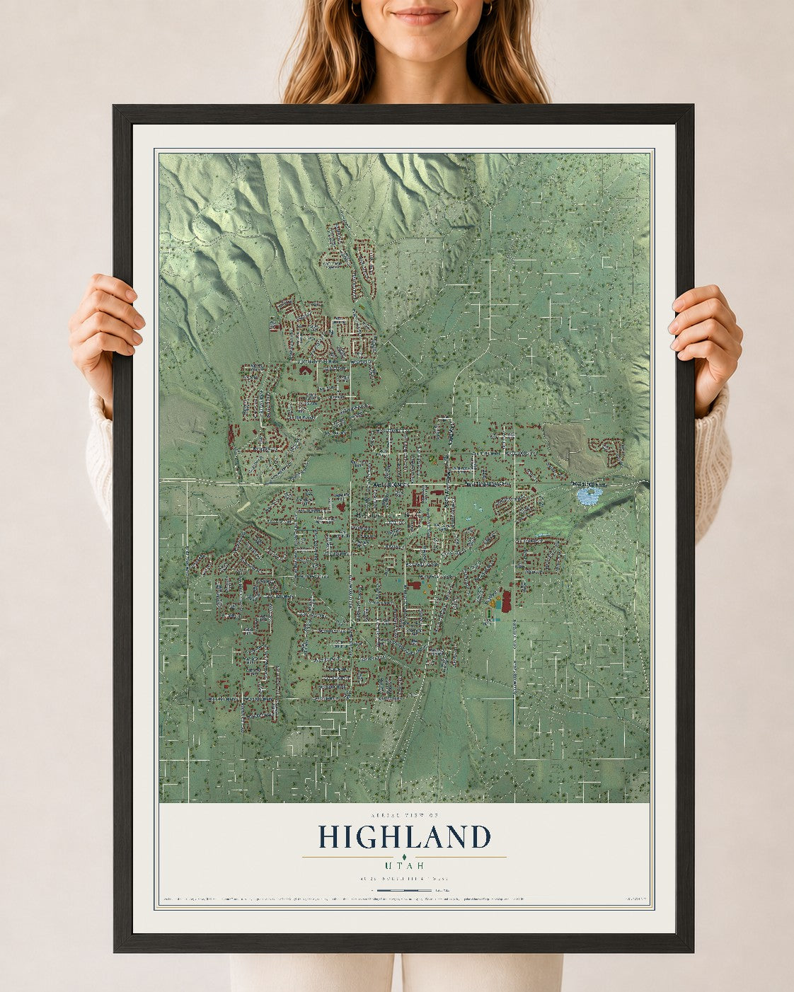 Map of Highland, Utah, 24 x 36 inch print in a black wood frame