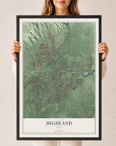 Map of Highland, Utah, 24 x 36 inch print in a black wood frame