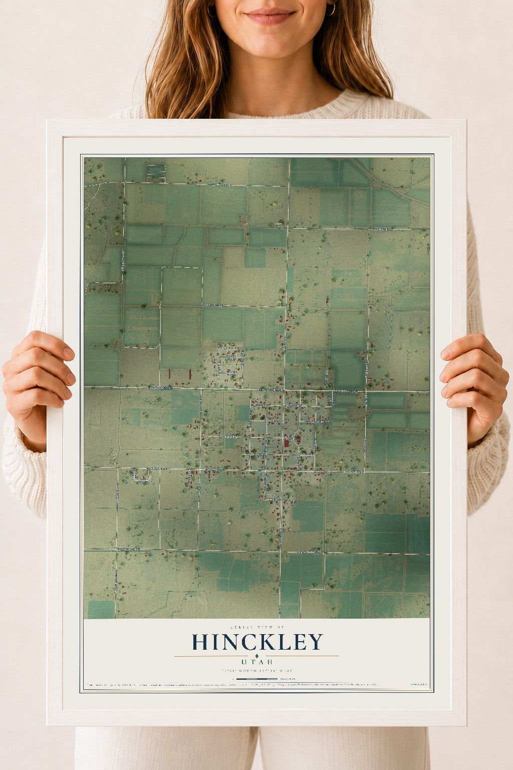 Map of Hinckley, Utah, 18 x 24 inch print in a white wood frame