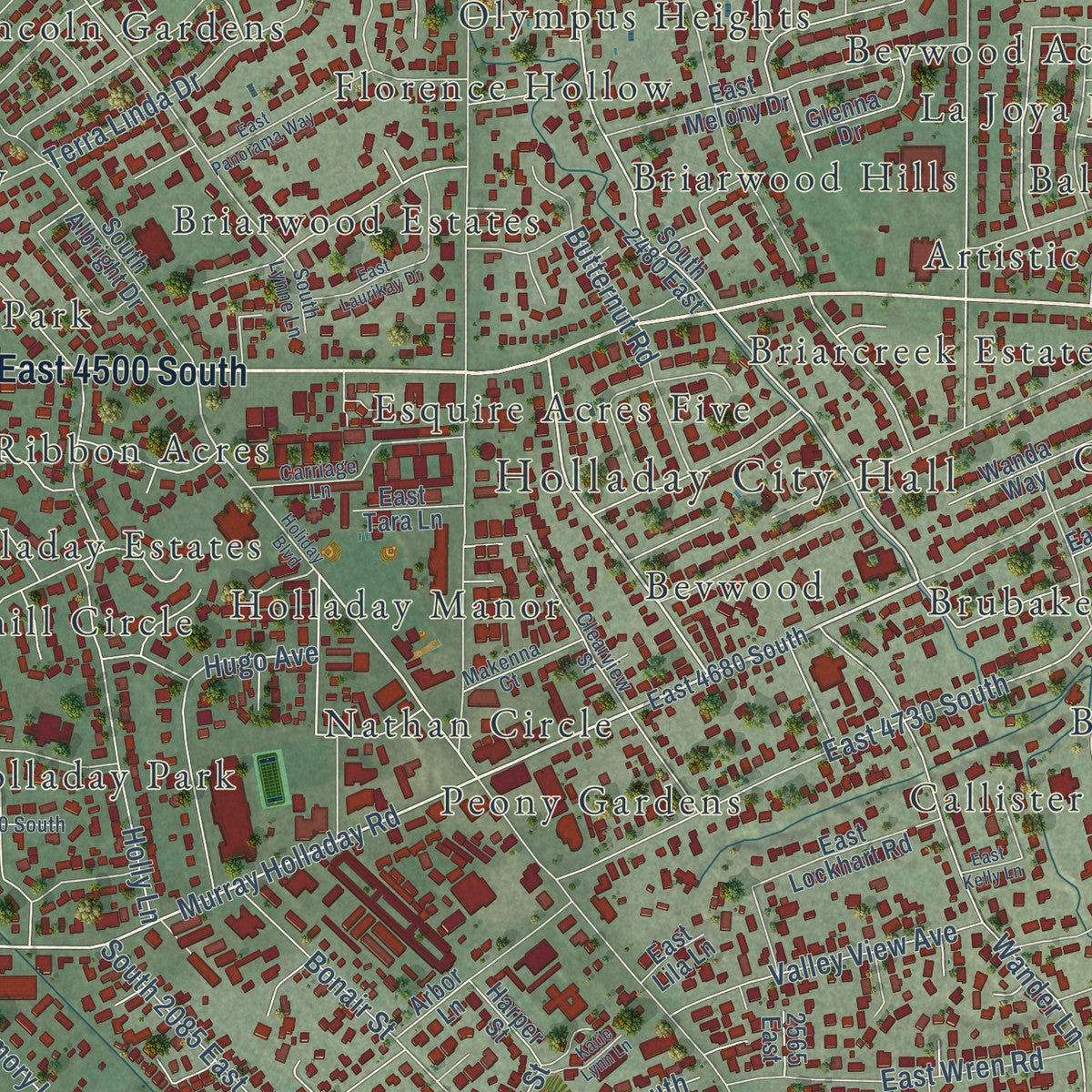 Close-up of the map of Holladay, Utah print showing street and building detail