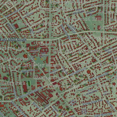 Close-up of the map of Holladay, Utah print showing street and building detail