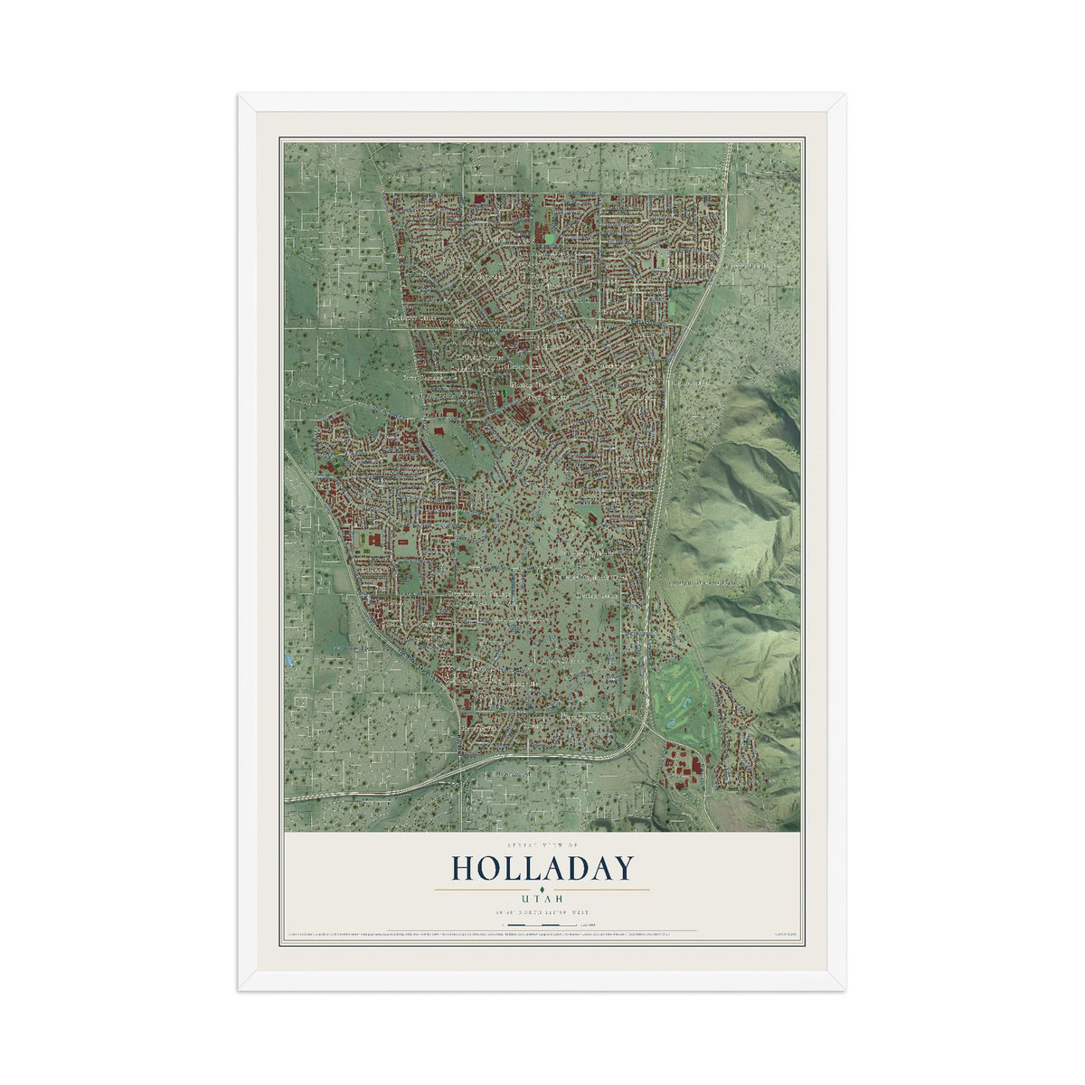 Map of Holladay, Utah, 12 x 18 inch print in a white wood frame