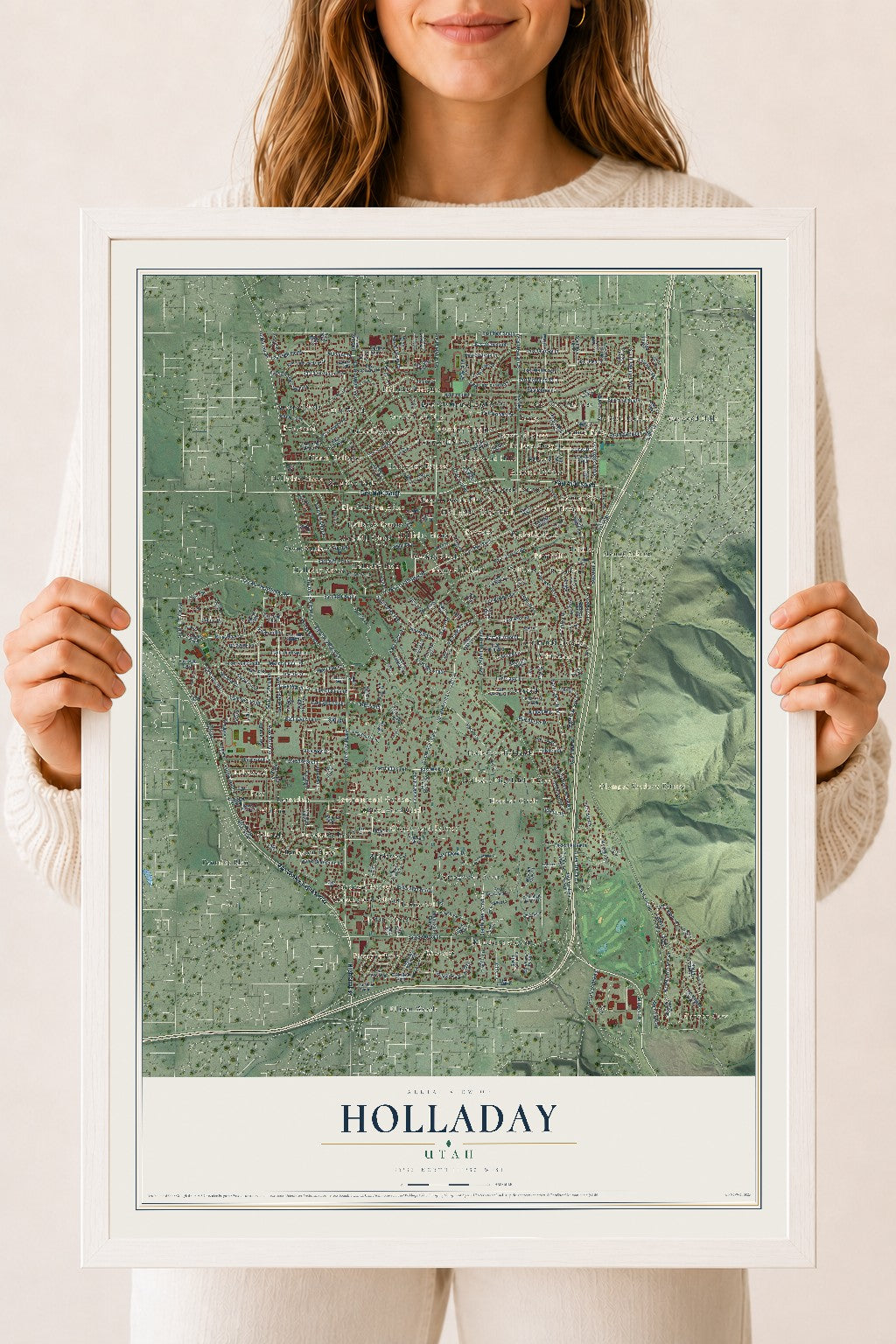 Map of Holladay, Utah, 18 x 24 inch print in a white wood frame