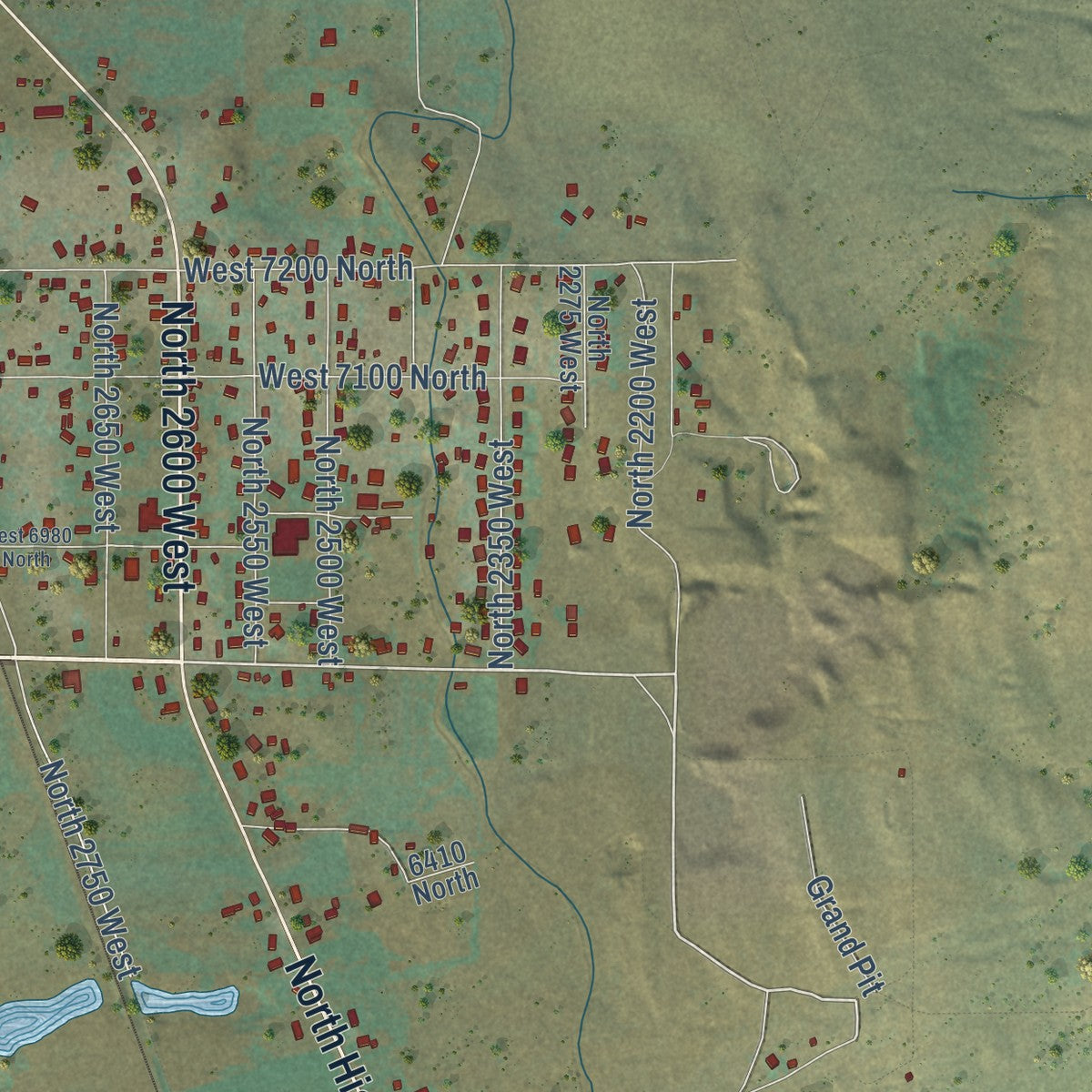 Close-up of the map of Honeyville, Utah print showing street and building detail