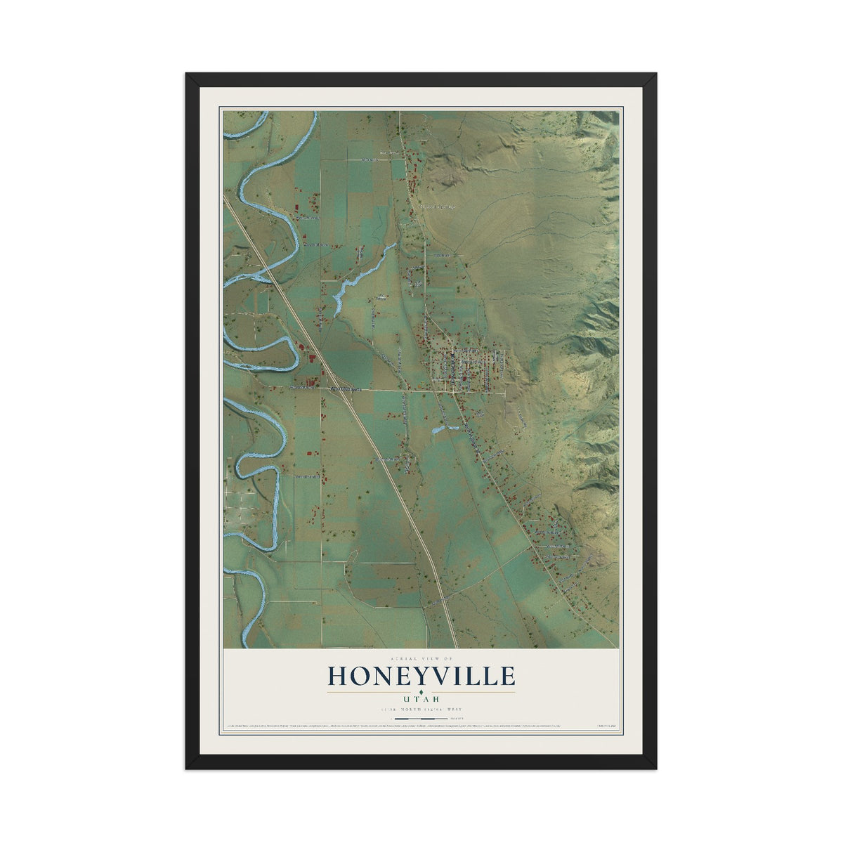 Map of Honeyville, Utah, 12 x 18 inch print in a black wood frame