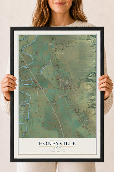 Map of Honeyville, Utah, 18 x 24 inch print in a black wood frame