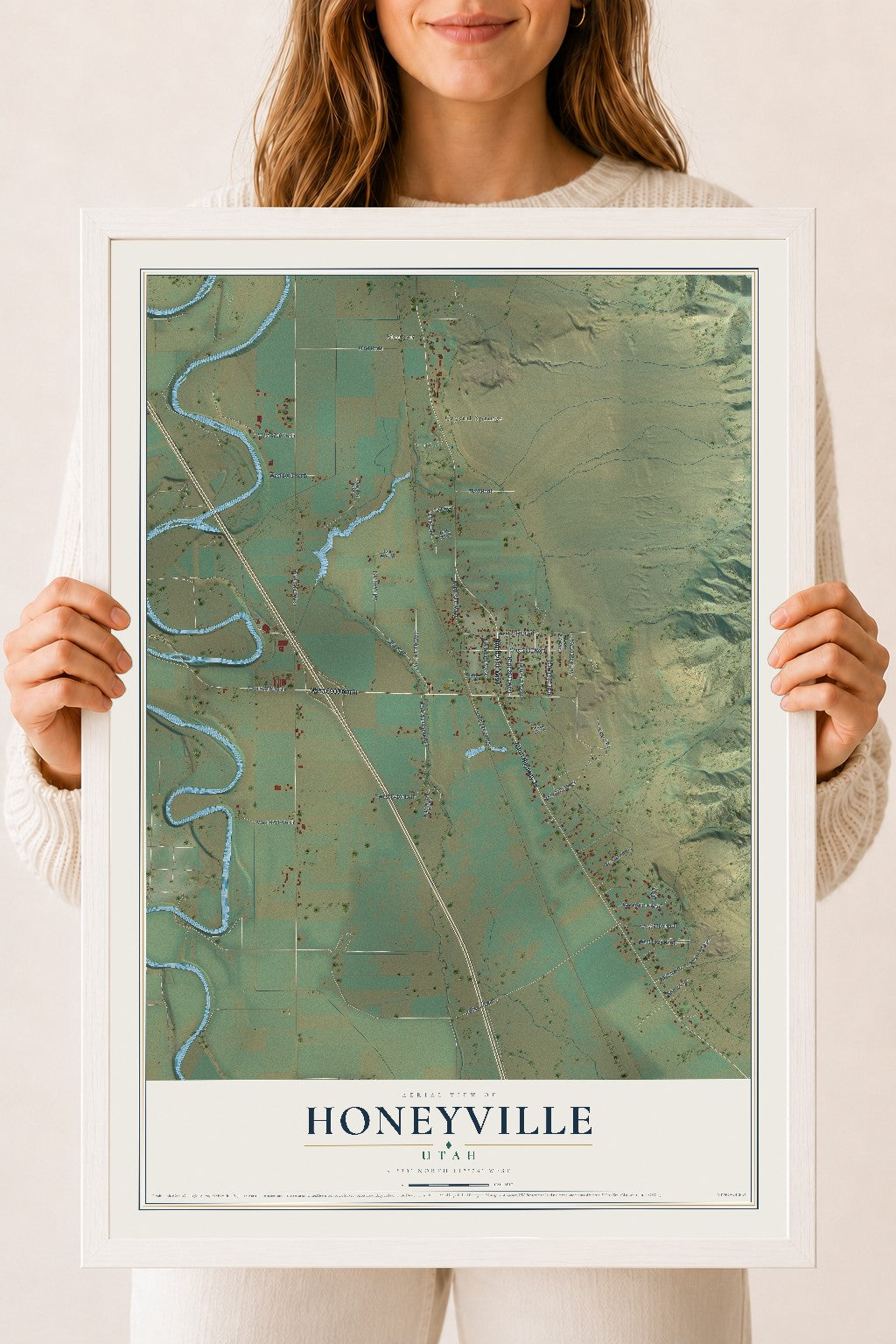 Map of Honeyville, Utah, 18 x 24 inch print in a white wood frame