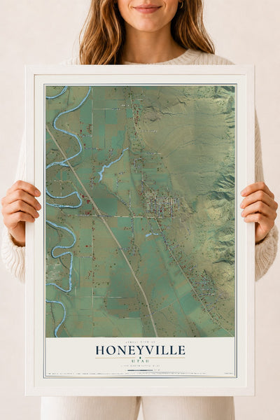 Map of Honeyville, Utah, 18 x 24 inch print in a white wood frame