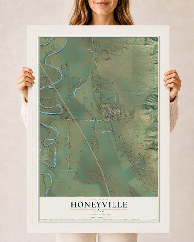 Map of Honeyville, Utah, 24 x 36 inch print in a white wood frame