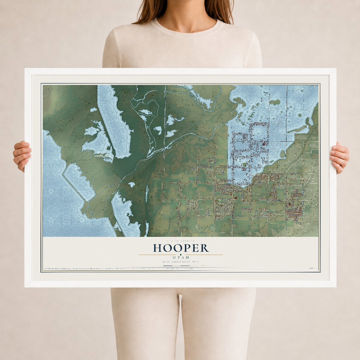 Map of Hooper, Utah, 24 x 36 inch print in a white wood frame