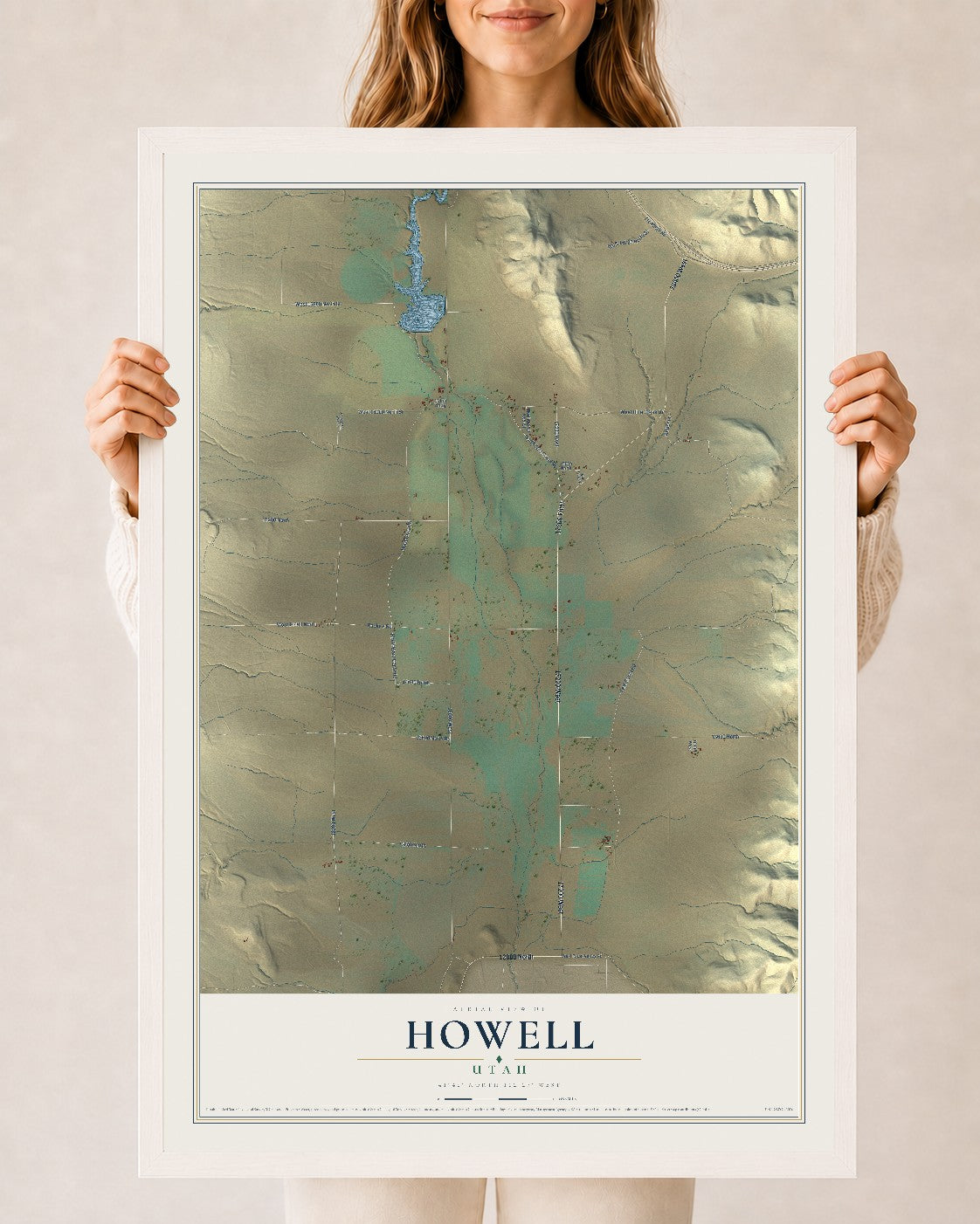 Map of Howell, Utah, 24 x 36 inch print in a white wood frame