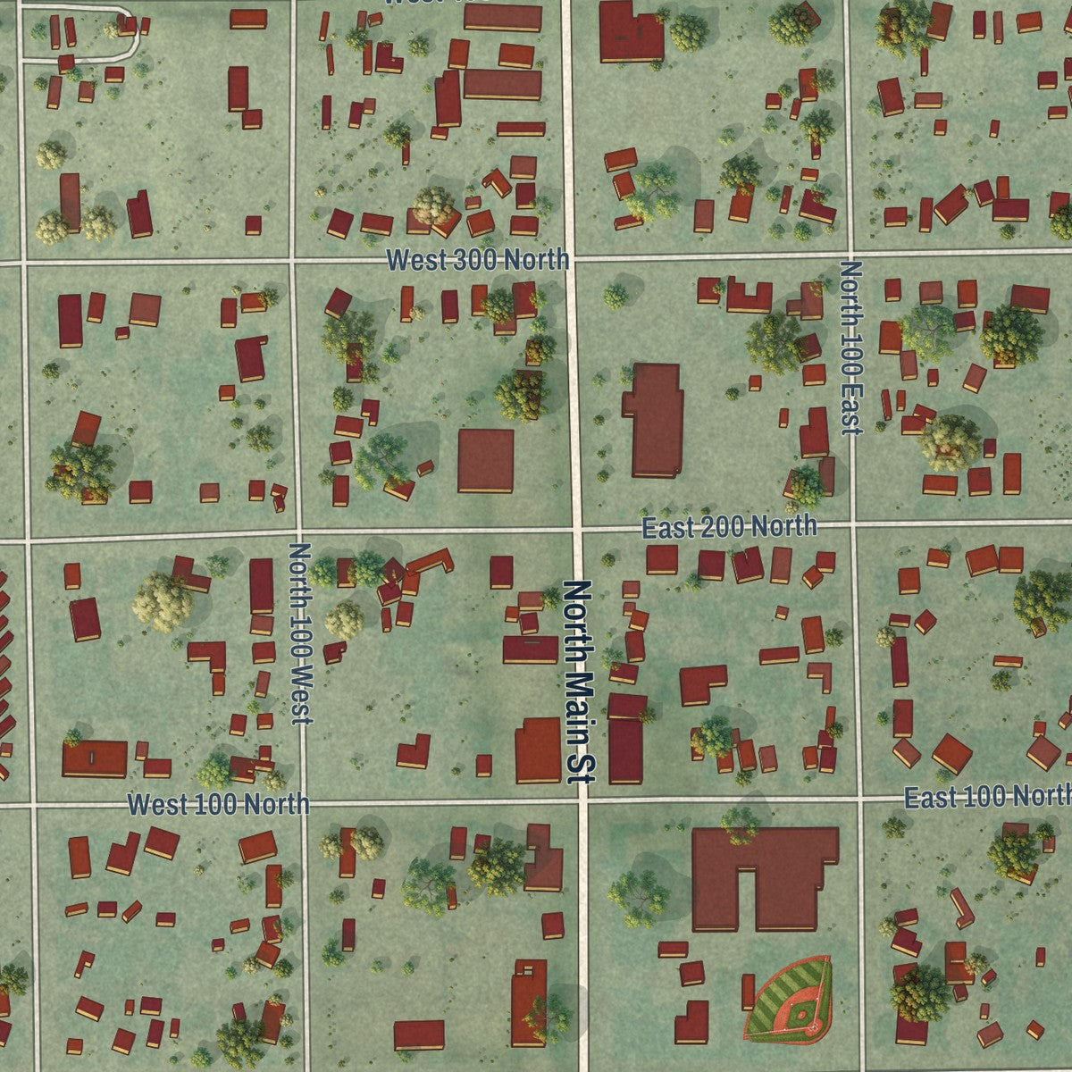 Close-up of the map of Huntington, Utah print showing street and building detail