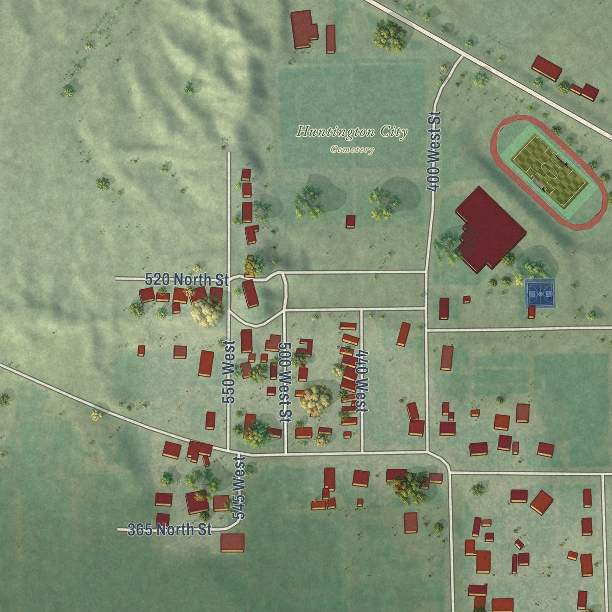 Second close-up of the map of Huntington, Utah print showing more streets and buildings