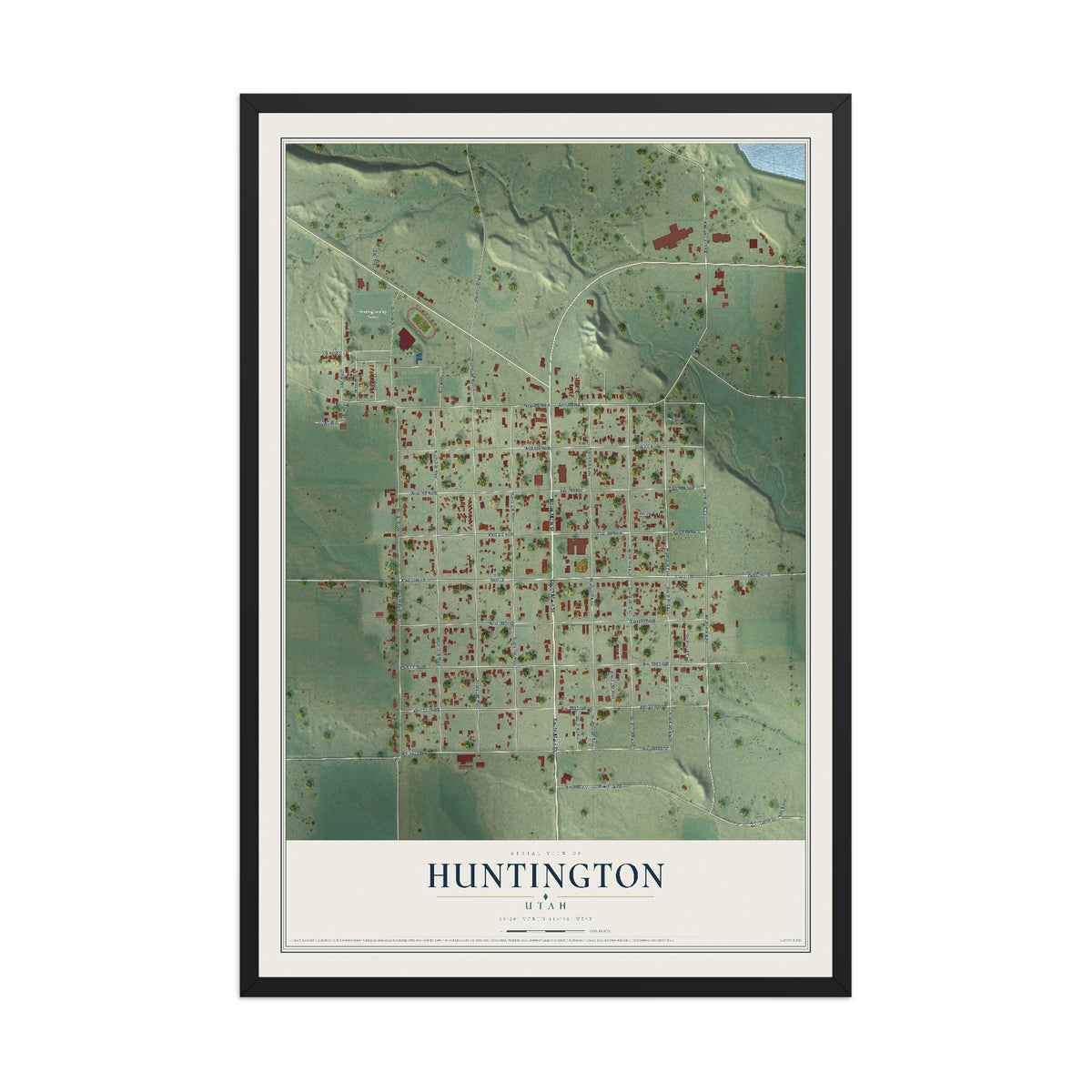Map of Huntington, Utah, 12 x 18 inch print in a black wood frame