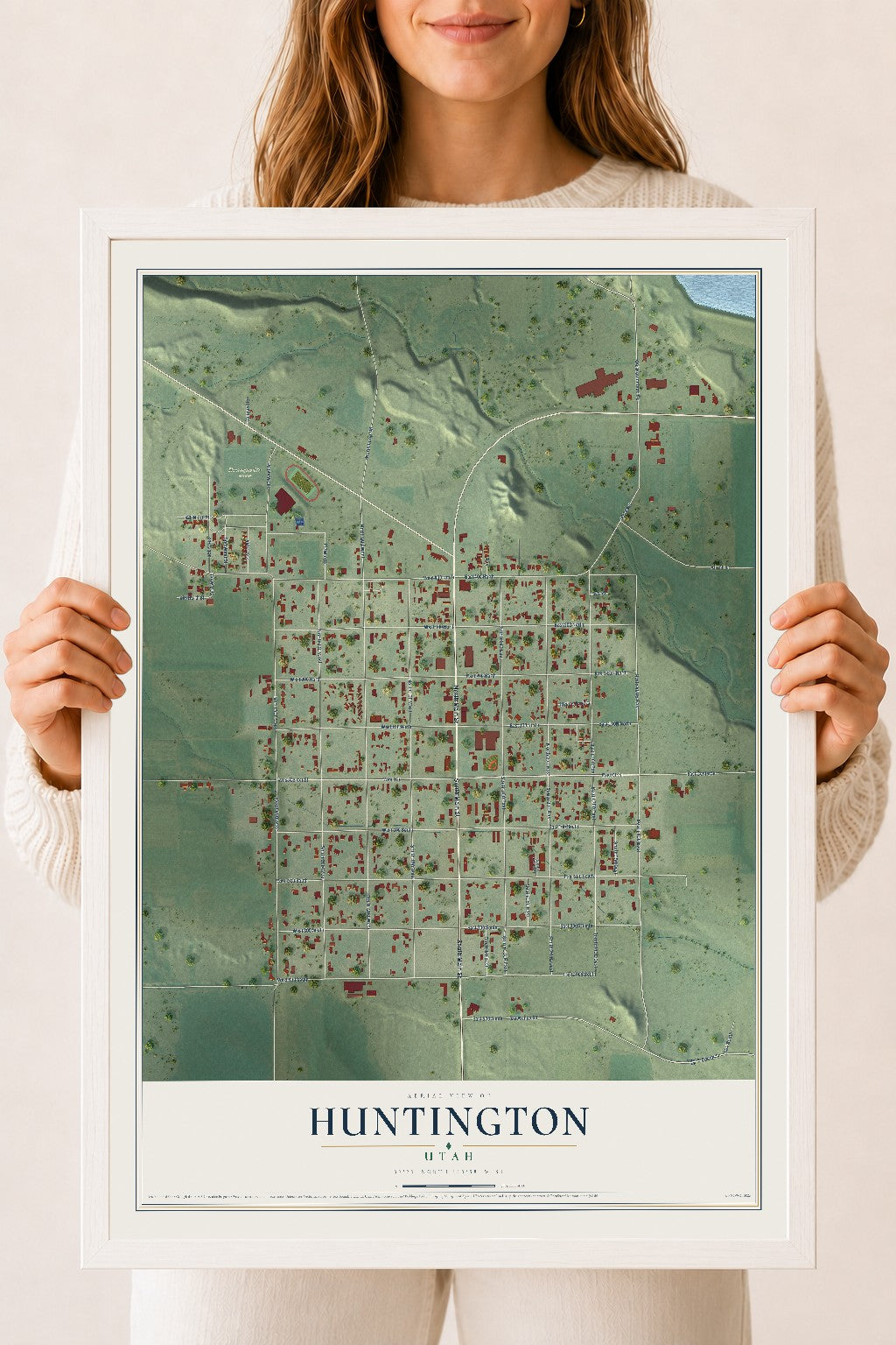 Map of Huntington, Utah, 18 x 24 inch print in a white wood frame