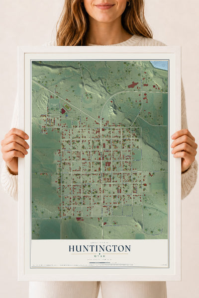 Map of Huntington, Utah, 18 x 24 inch print in a white wood frame